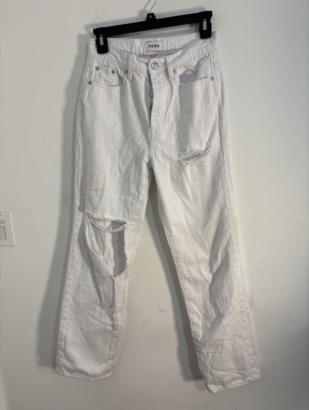 Pistola Distressed White Straight Leg Jeans Knee Rips Size 25 Button Fly W27L31